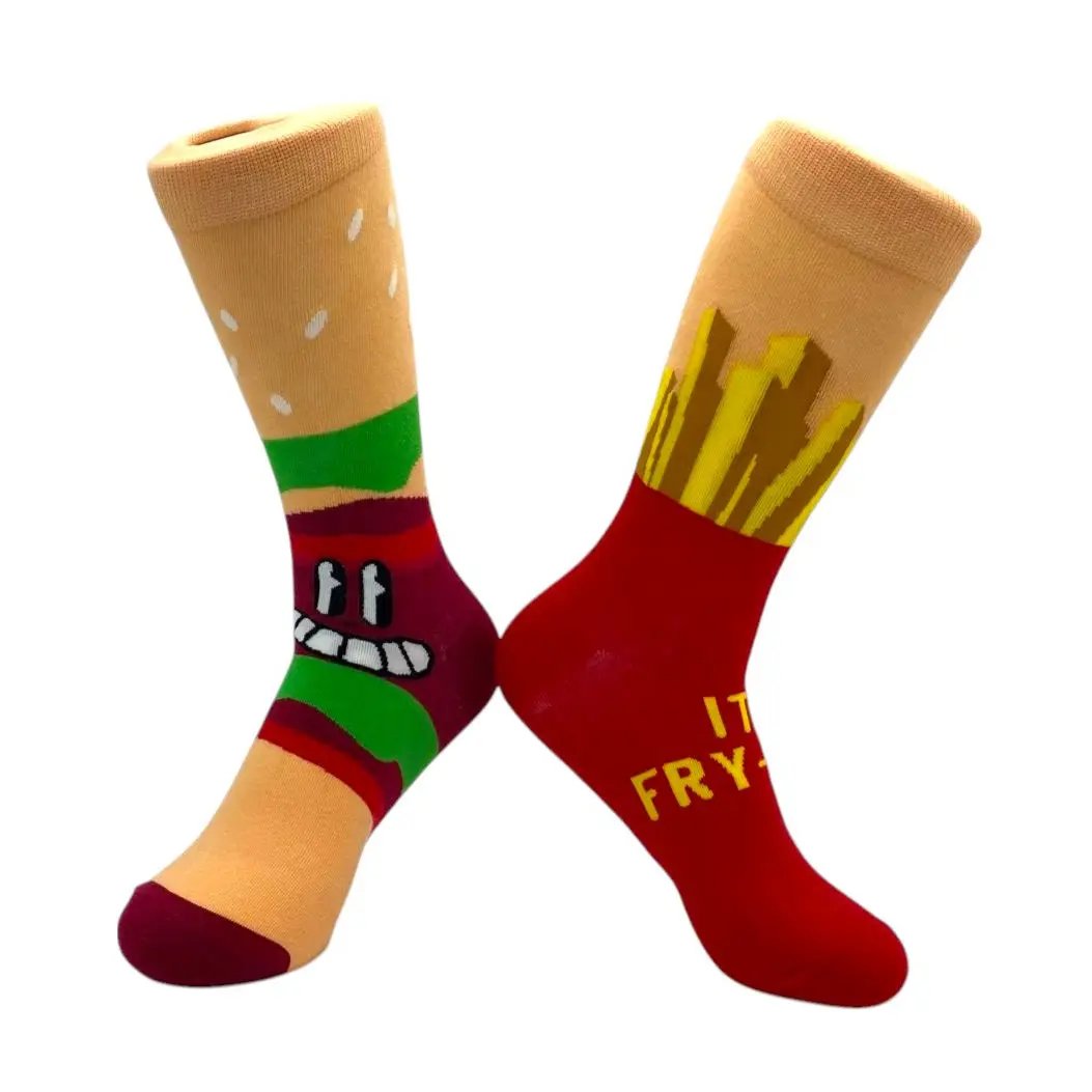 Front view of mismatched burger and fries novelty socks on foot forms
