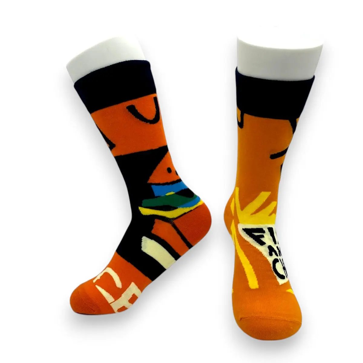 Orange fish-and-chips and burger crew socks on foot forms, front view