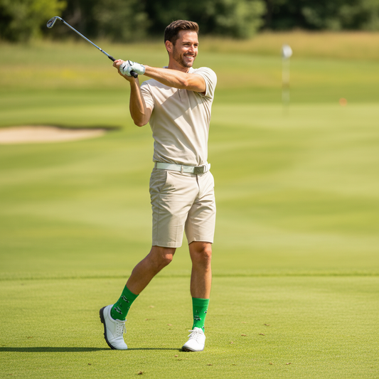 Action shot of golfer with ankle-length golf cart socks