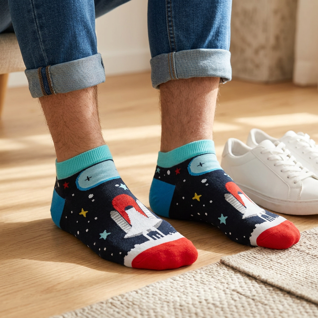 Space novelty ankle socks worn with cuffed jeans, seated beside sneakers