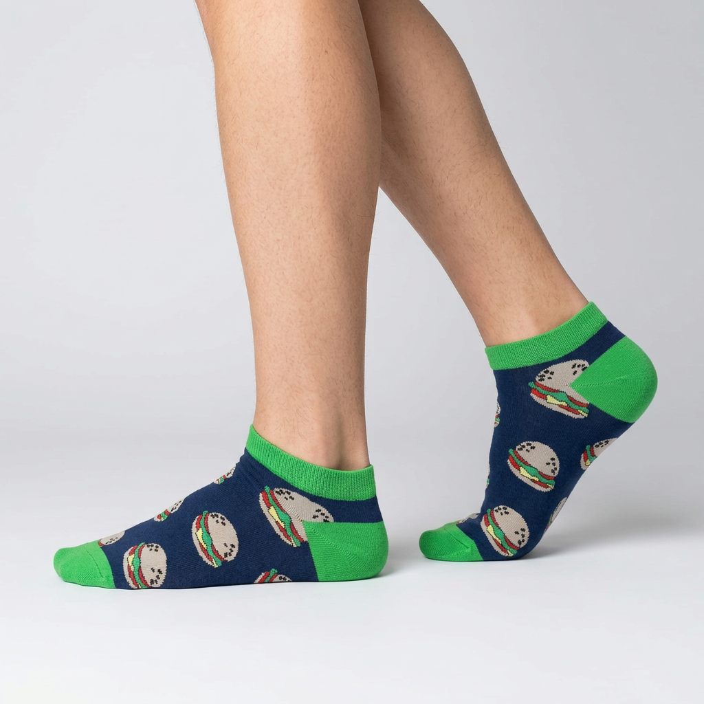 Side view of navy burger ankle socks worn mid-step, showing the green heel