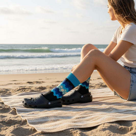 Female model at beach wearing wave socks and Crocs
