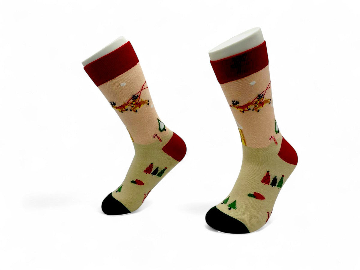 Tan Christmas crew socks with flying reindeer, small trees and candy canes