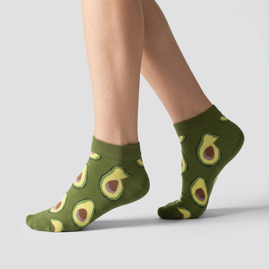 Side view of avocado ankle socks worn mid-step, olive green low cut novelty socks