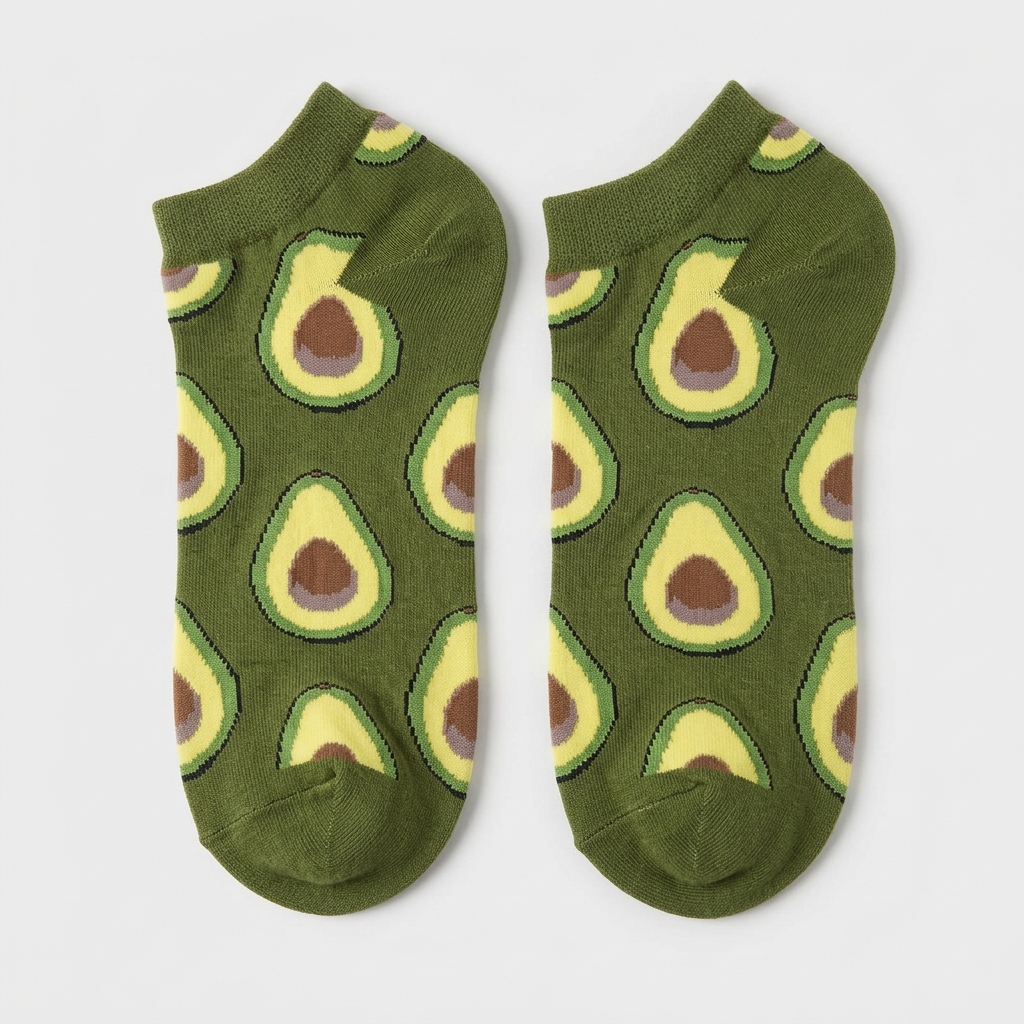 Flat lay of a pair of Holy Guacamole avocado ankle socks in olive green