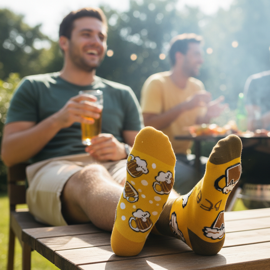 Male model at BBQ with feet up wearing beer socks