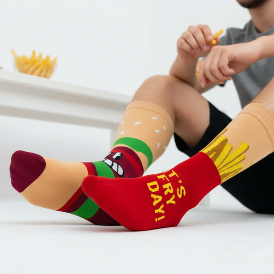 Male model eating fries with feet visible wearing burger and fries socks