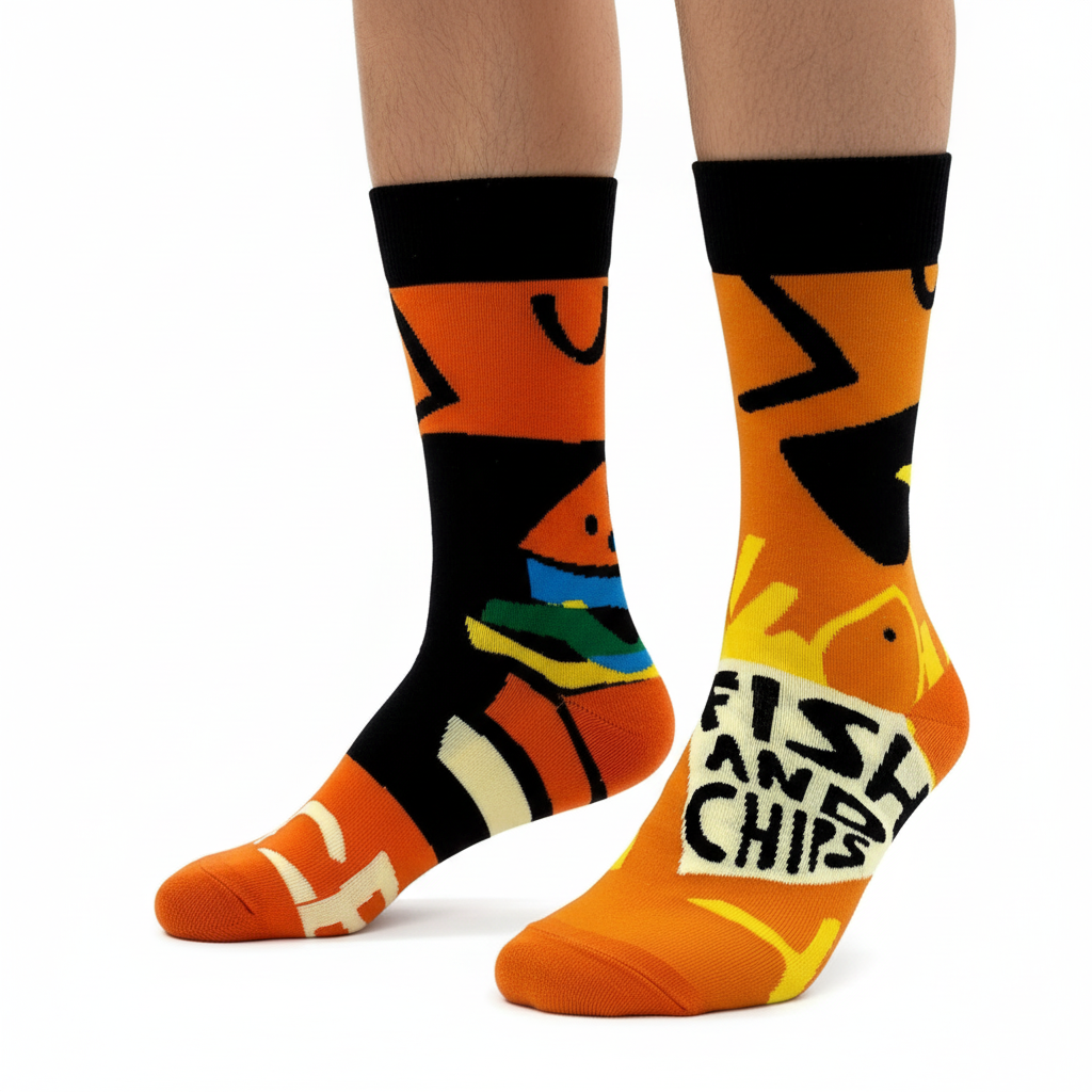 Mismatched orange fish-and-chips and burger novelty socks worn, close-up