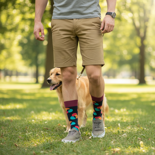Male model walking dog in park wearing circle-patterned socks
