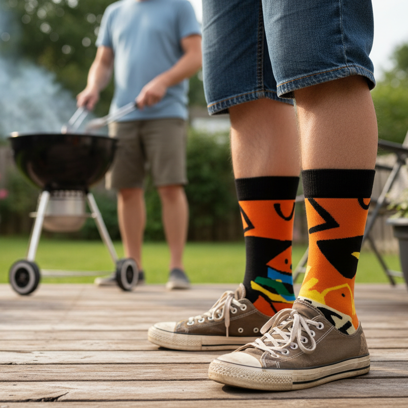 Standing at a backyard BBQ in orange fish-and-chips novelty socks and sneakers