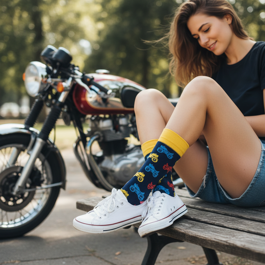 Natural candid shot of woman on bench with motorcycle socks