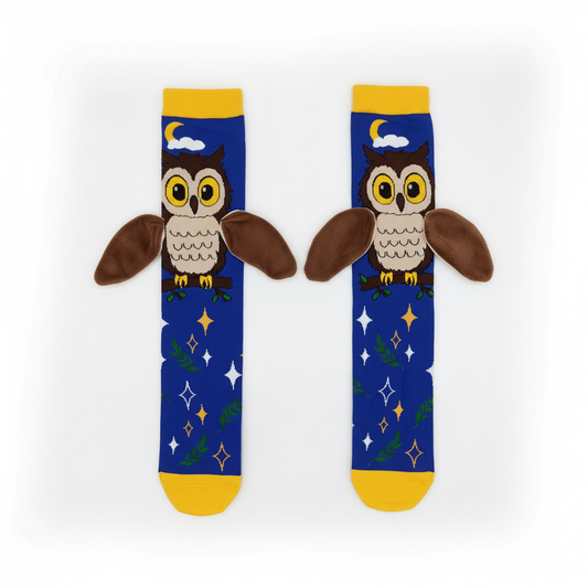 Owl socks flat lay on pure white studio background