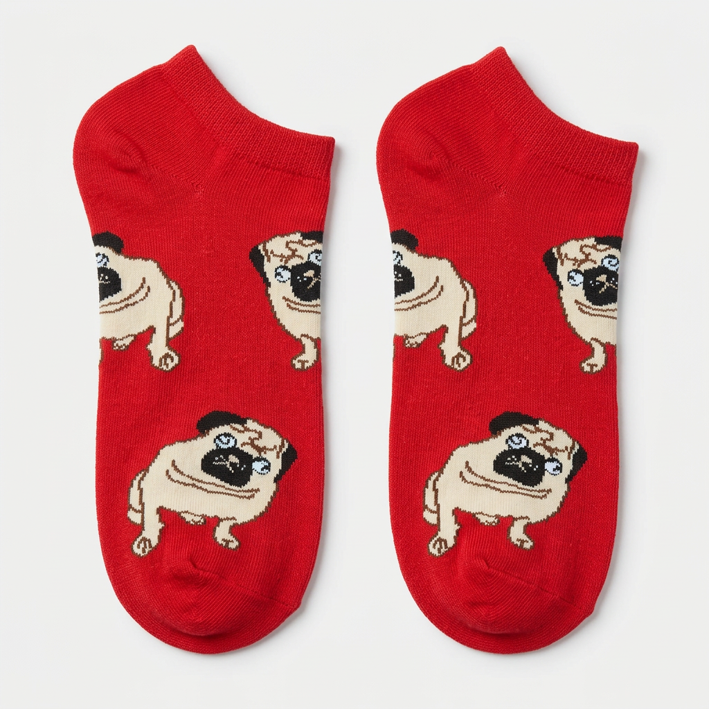 Flat lay of a pair of Pug Life dog ankle socks with cream pugs on bright red