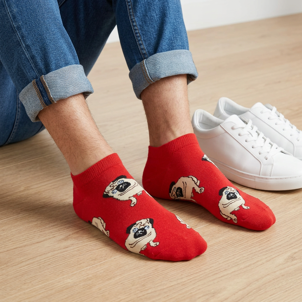 Pug print novelty ankle socks worn with cuffed jeans, seated on a wooden floor beside white sneakers