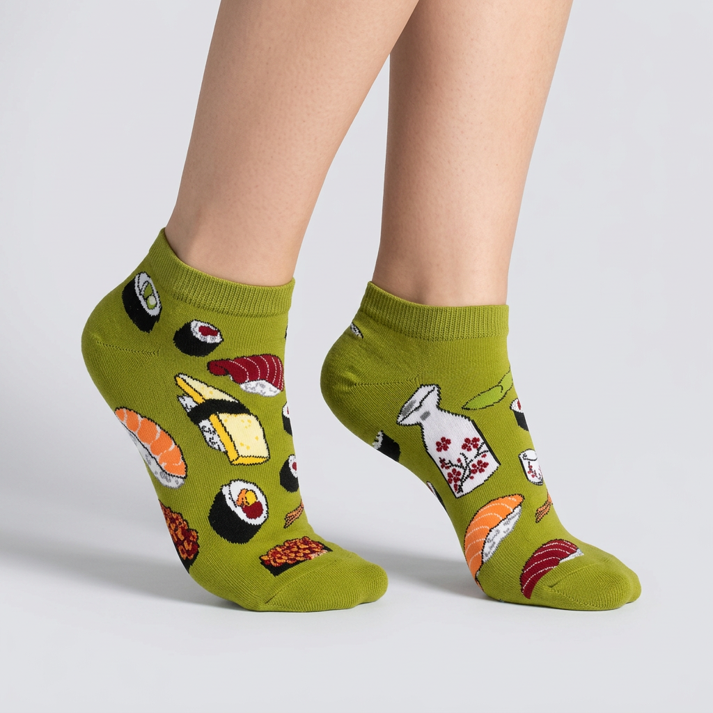 Olive green sushi ankle socks with nigiri, maki rolls and sake bottle print, worn on foot, front three-quarter view