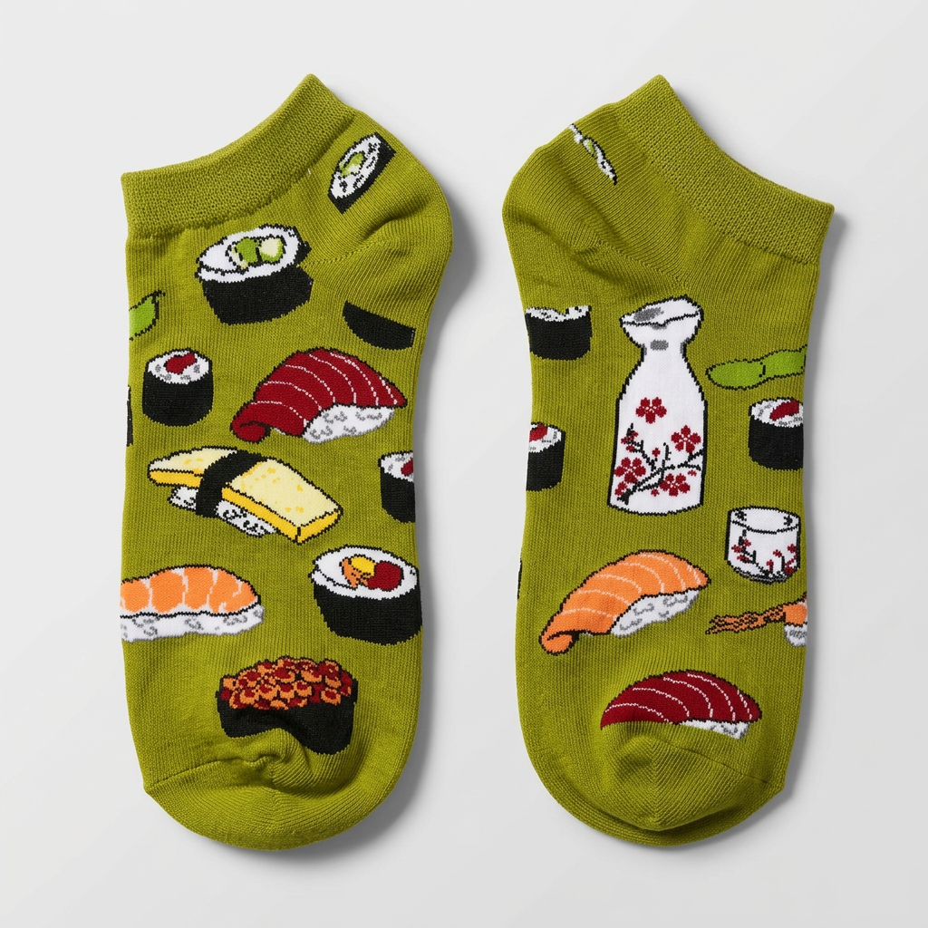Flat lay of a pair of Roll With It sushi ankle socks showing nigiri, ikura, edamame and cherry blossoms