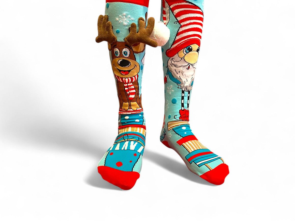 Kids' Santa and reindeer knee socks in light blue with red toes and 3D plush antlers