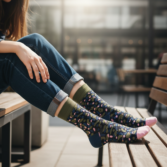 Side profile of woman with feet up showing leopard-print socks