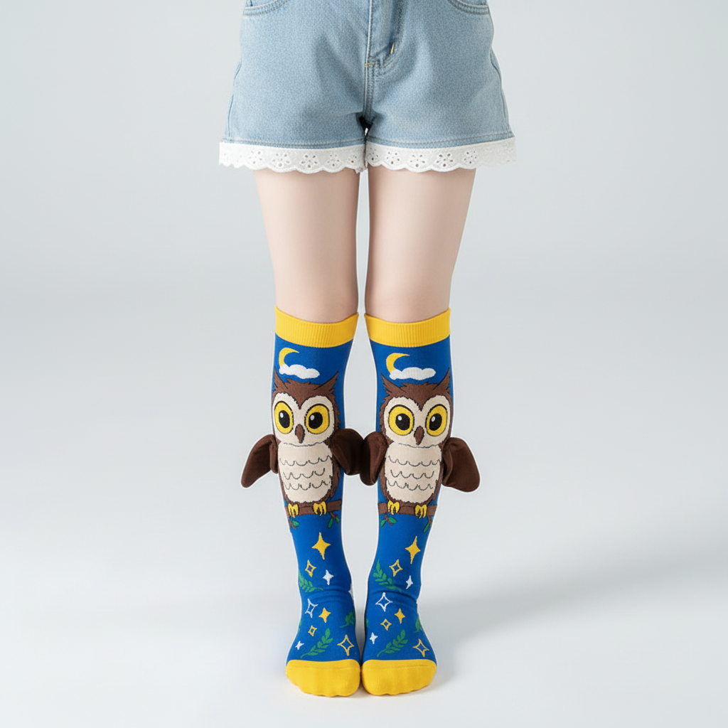 Standing girl wearing owl knee-high socks with 3D wings