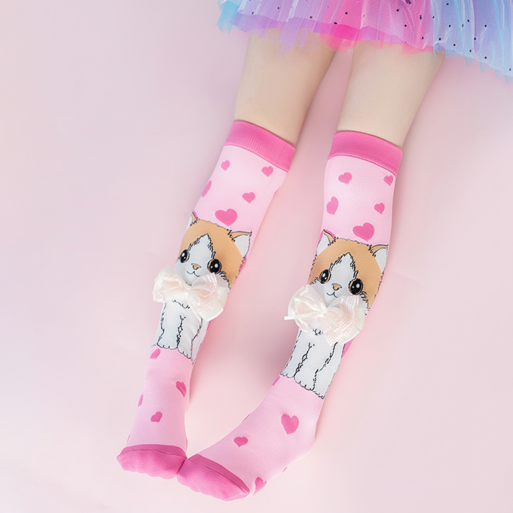 Studio lifestyle image of girl wearing pink cat bow knee-high socks