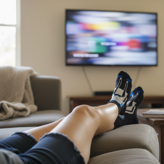 Teen female model wearing Rick and Morty socks watching TV