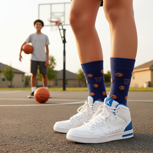 Teenager at home basketball court with correctly colored socks