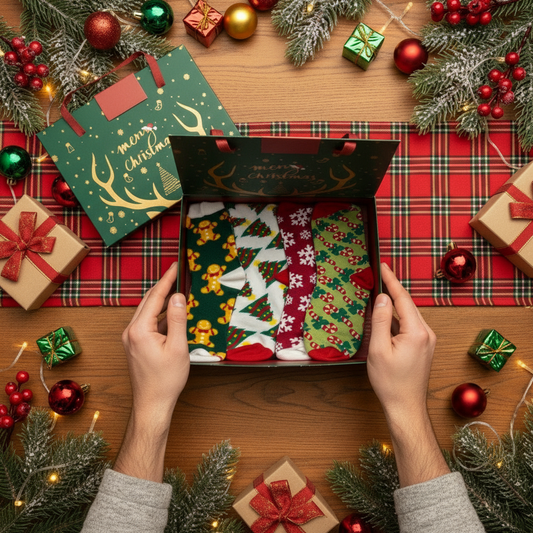Top-down view of fully opened Christmas socks gift box