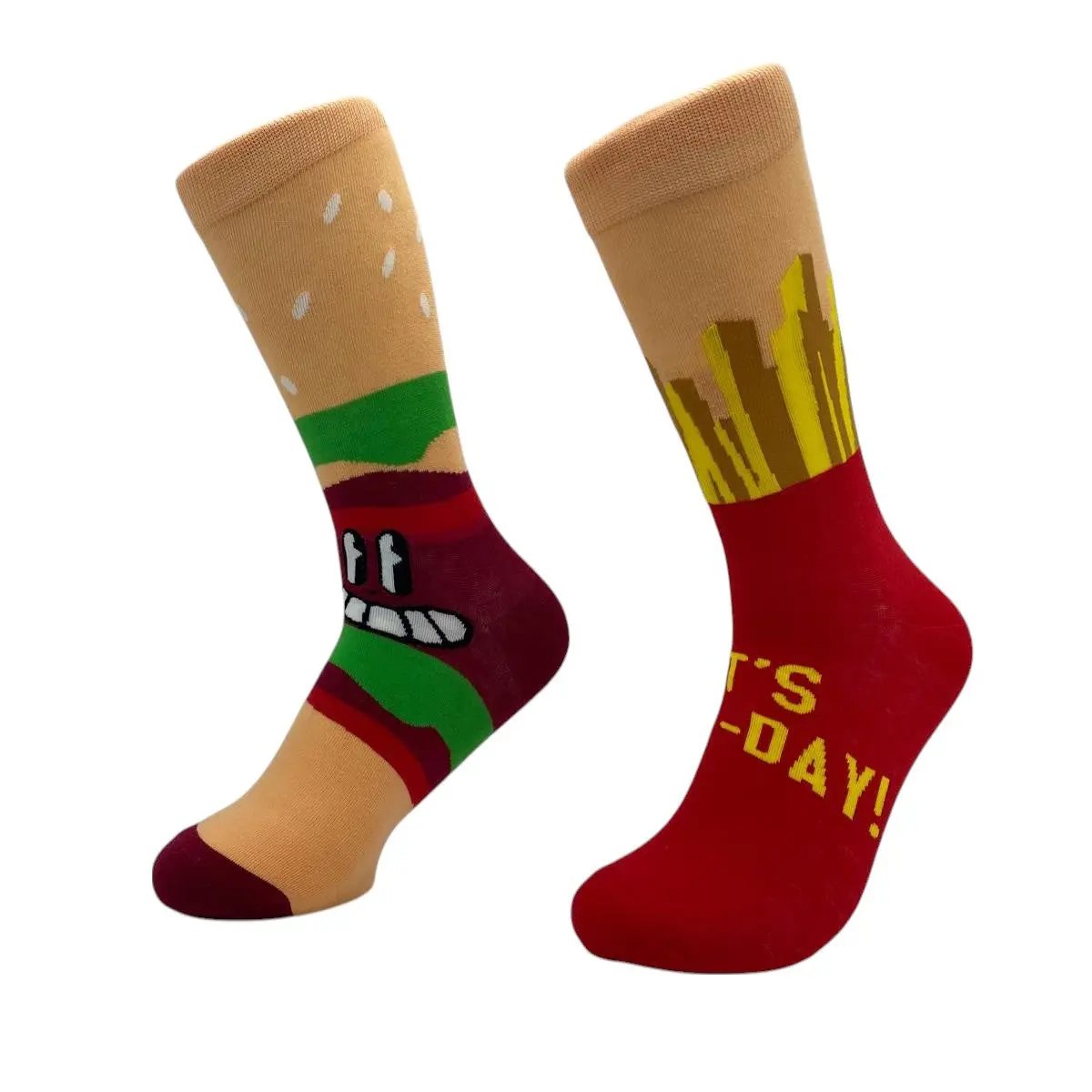 Mismatched burger and fries crew socks on foot forms, side view