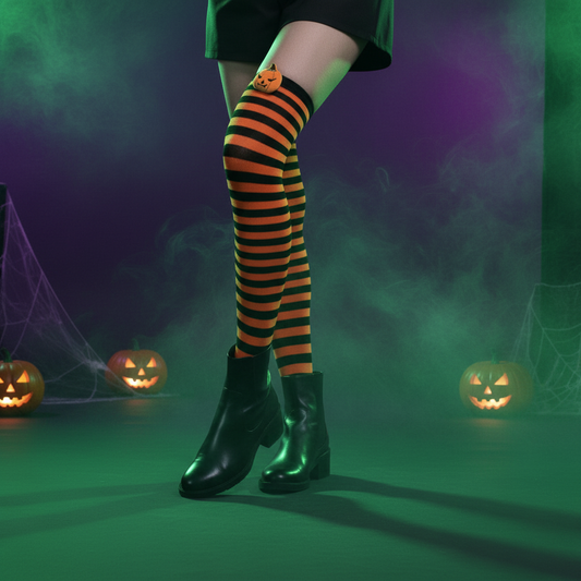 Orange-and-black striped knee-high socks with pumpkin faces at the cuff