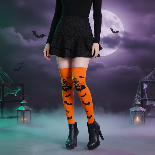 Orange knee-high socks with golden moon and bats