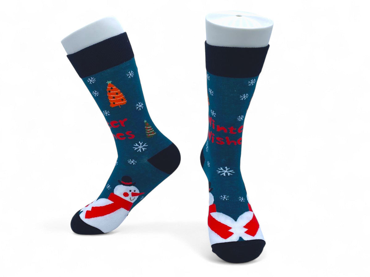 Dark teal Winter Wishes Christmas crew socks with a snowman in a red scarf and top hat