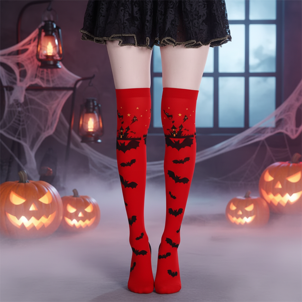Red knee-high socks with bats, ghosts and a dark mansion