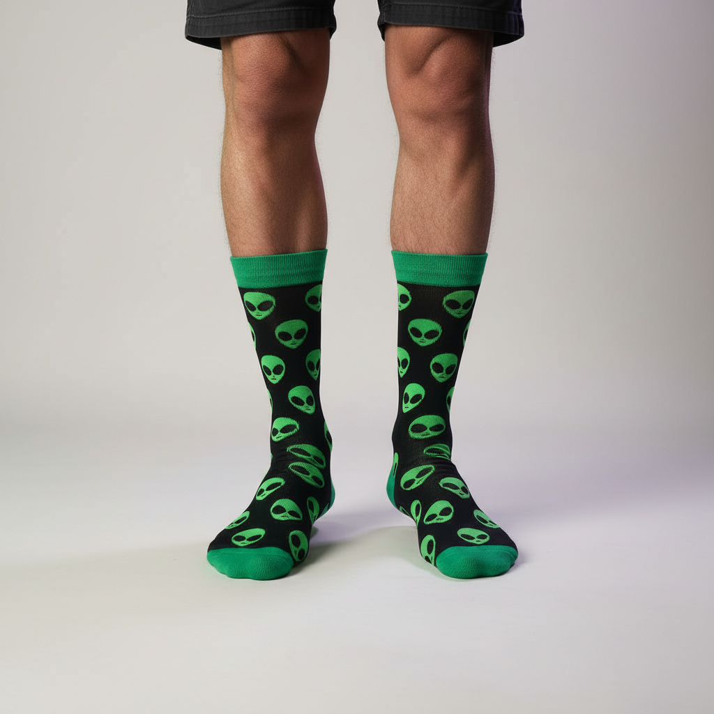 Black crew socks with green alien faces and green heels and toes