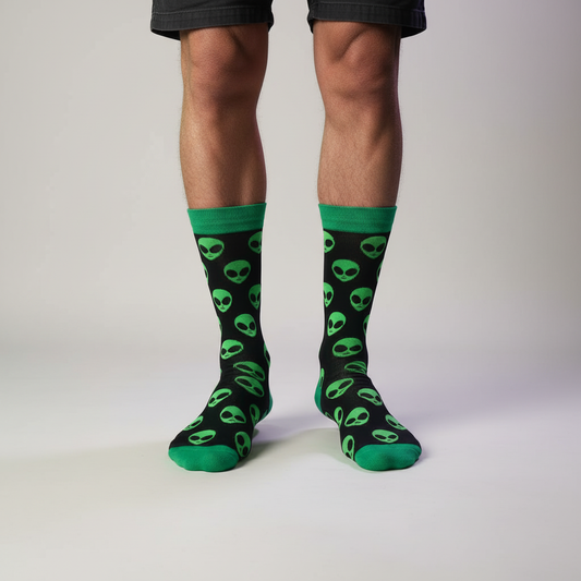 Black crew socks with green alien faces and green heels and toes