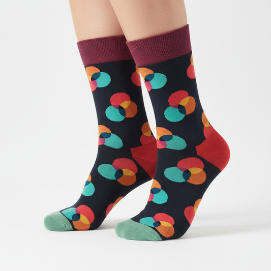 Angled professional product photo of circle-patterned socks