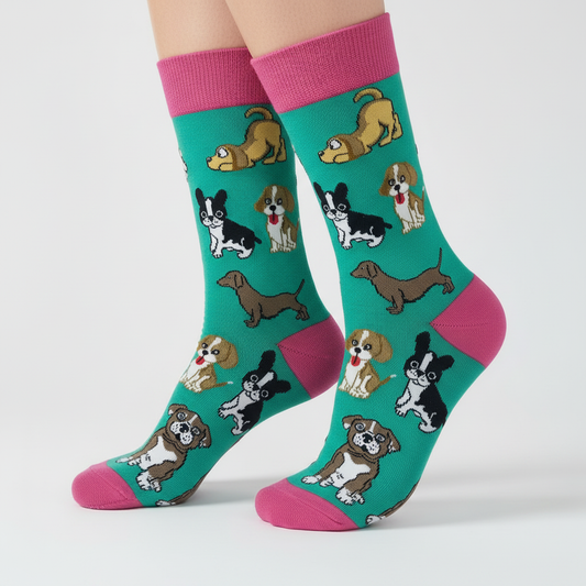 Angled professional product photo of dog-patterned socks