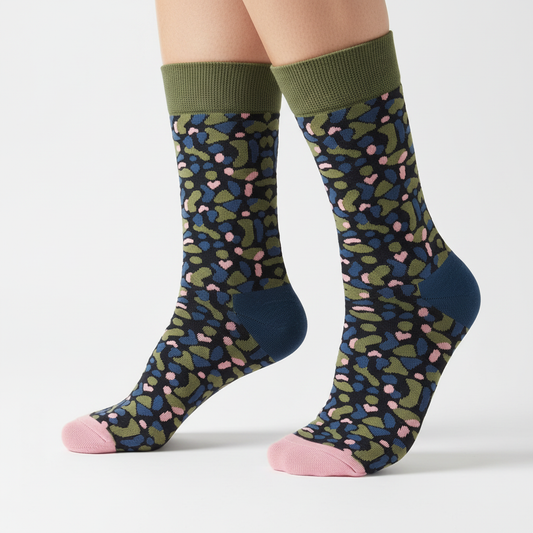 Angled professional product photo of leopard-print socks