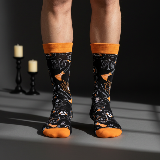 Black crew socks with a ghost design