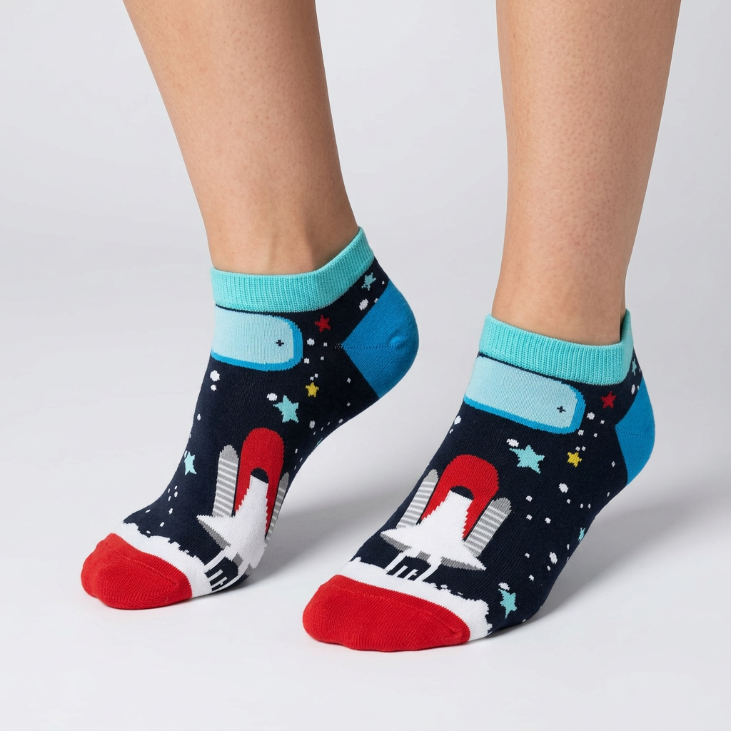 Navy space ankle socks with pixel-art space shuttle launch and small stars, worn on foot, front three-quarter view