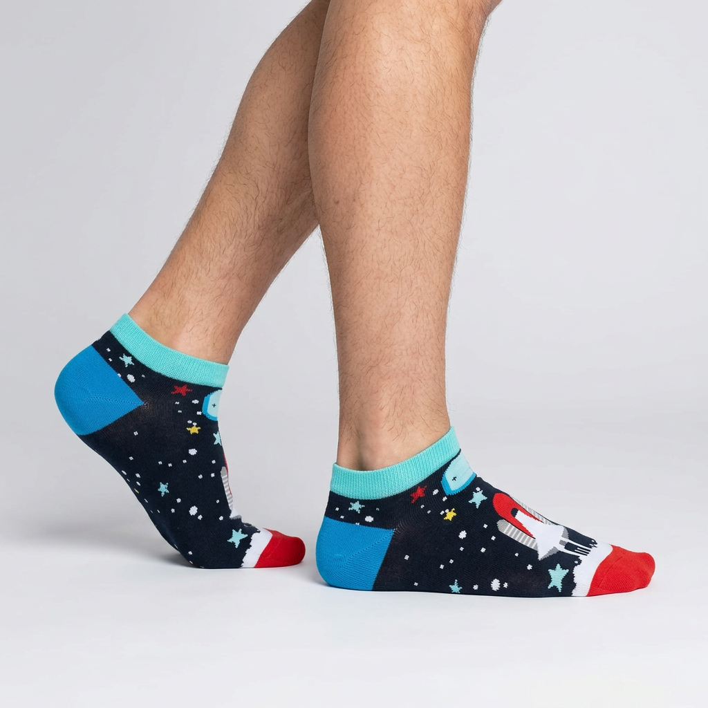 Side view of navy space ankle socks worn mid-step, unisex rocket novelty socks