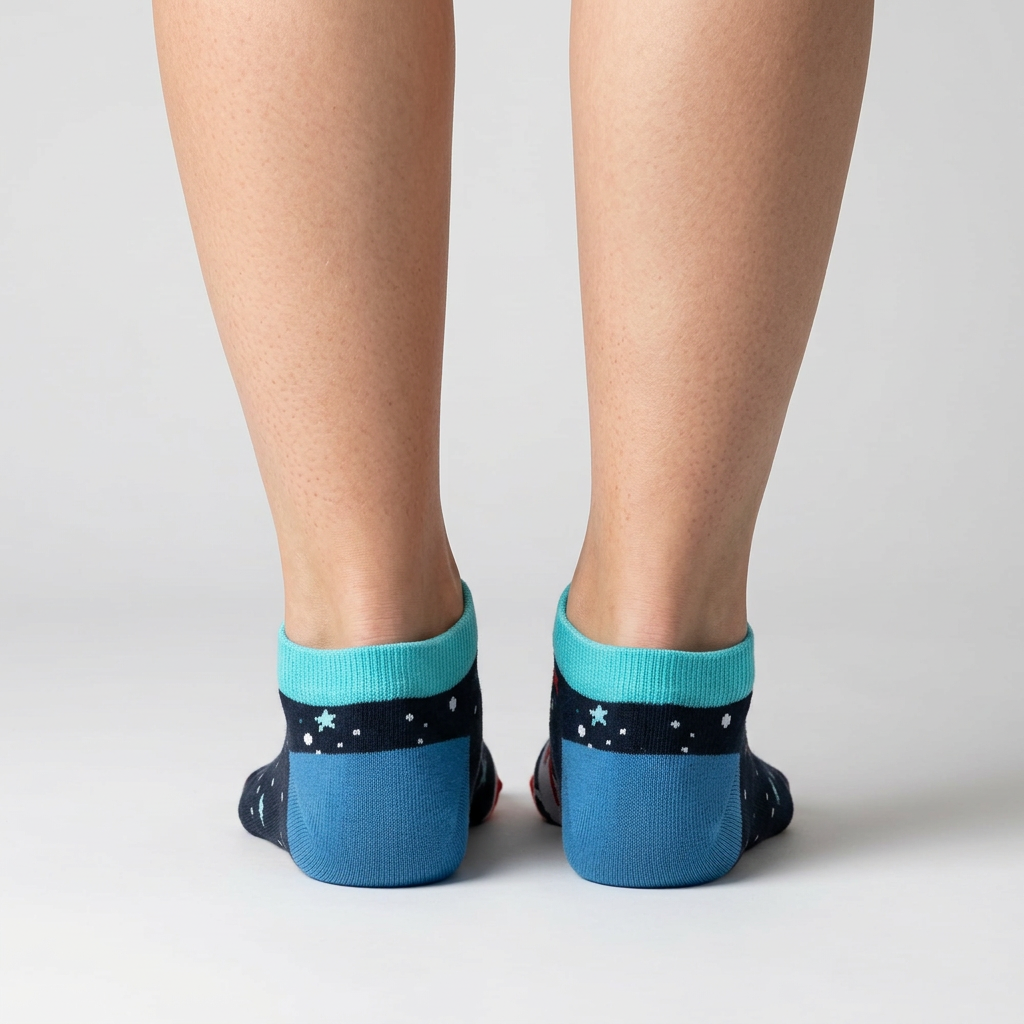 Back view of navy space ankle socks showing the blue heel and aqua cuff