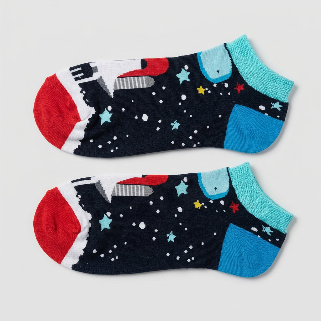 Flat lay of a pair of Blast Off space ankle socks with pixel-art rocket, stars and red toe