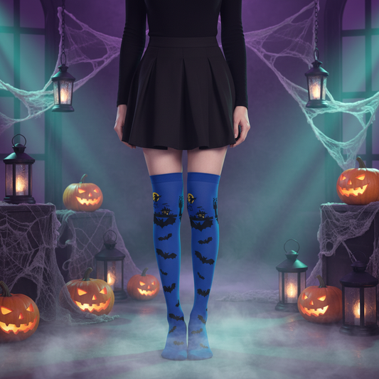 Blue witch knee-high socks with yellow moon and haunted house