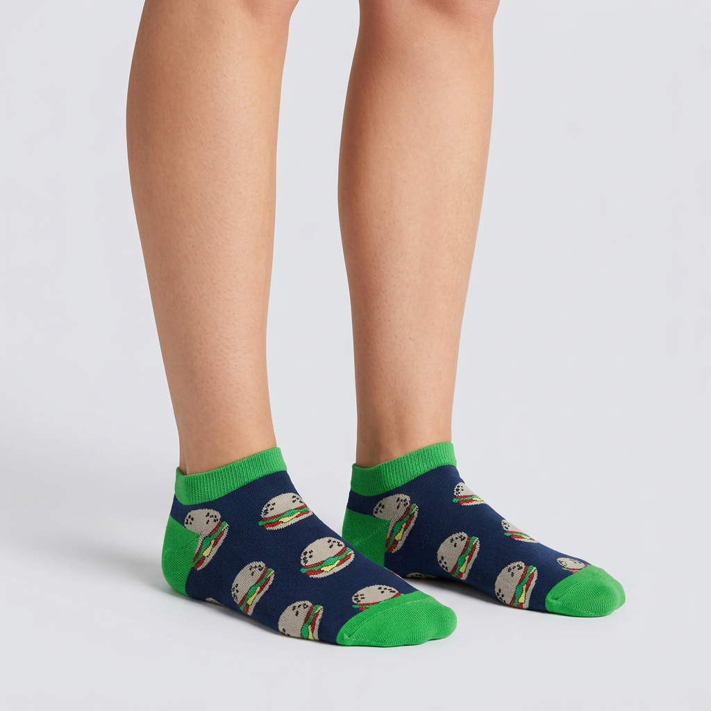Navy burger print ankle socks with green cuff and toe, worn on foot, front three-quarter view