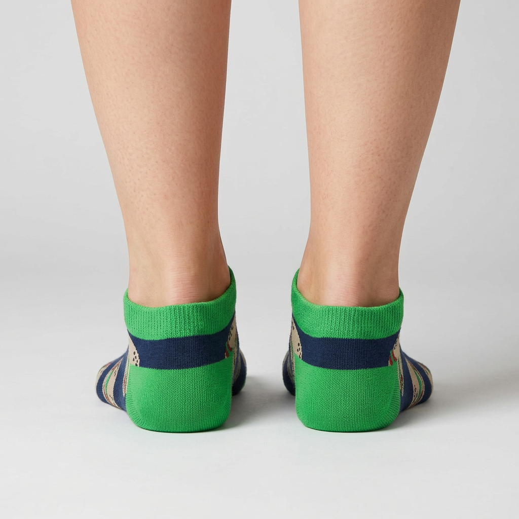 Back view of navy burger print ankle socks showing the green cuff, navy band and green heel