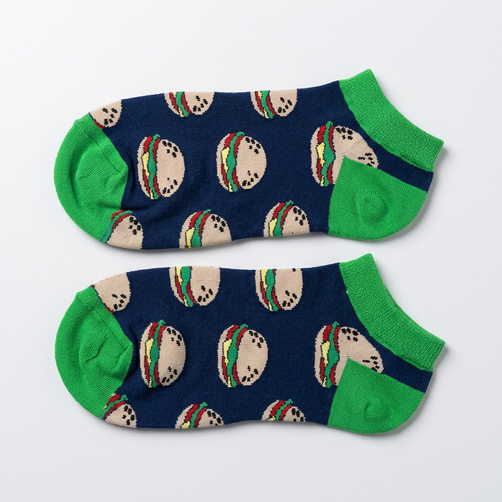 Flat lay of a pair of Bun Intended burger ankle socks, navy with green cuffs, heels and toes
