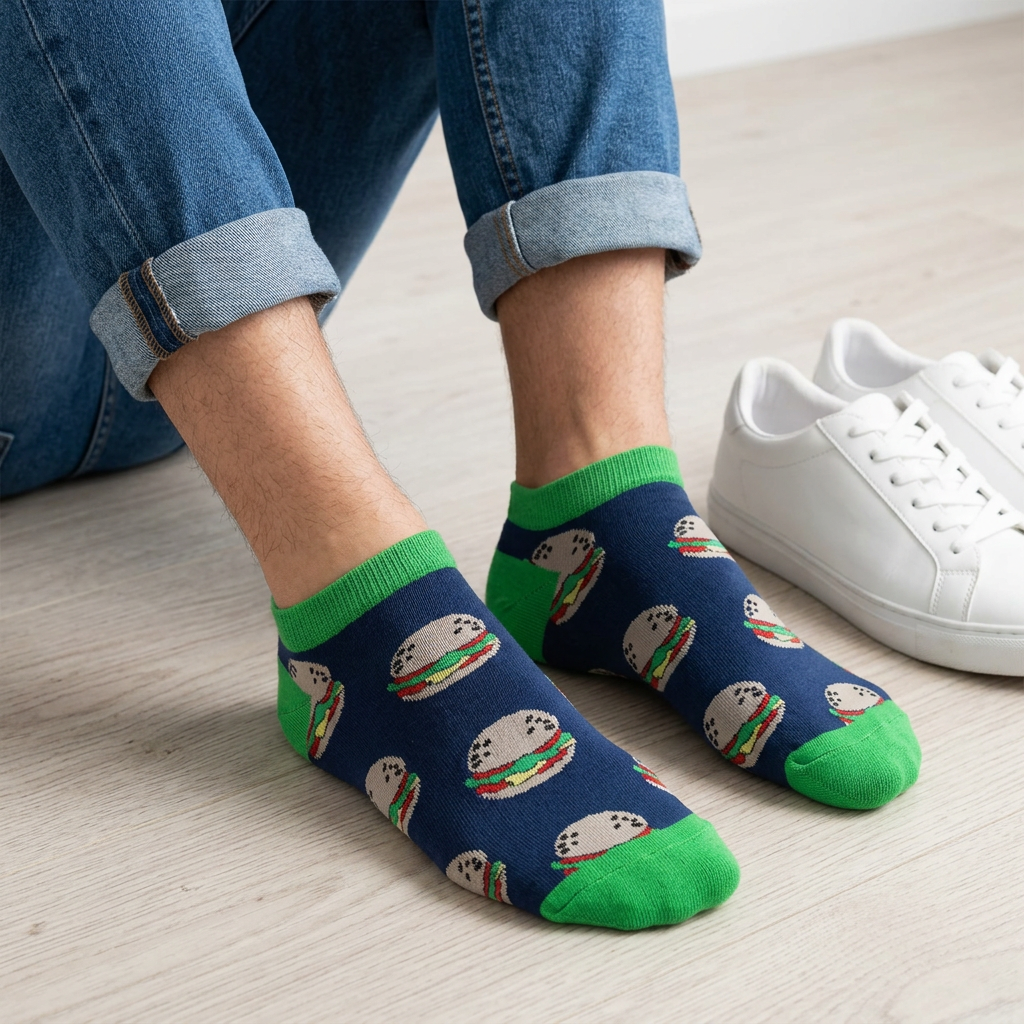 Burger print novelty ankle socks in navy and green, worn seated, low cut funny food socks