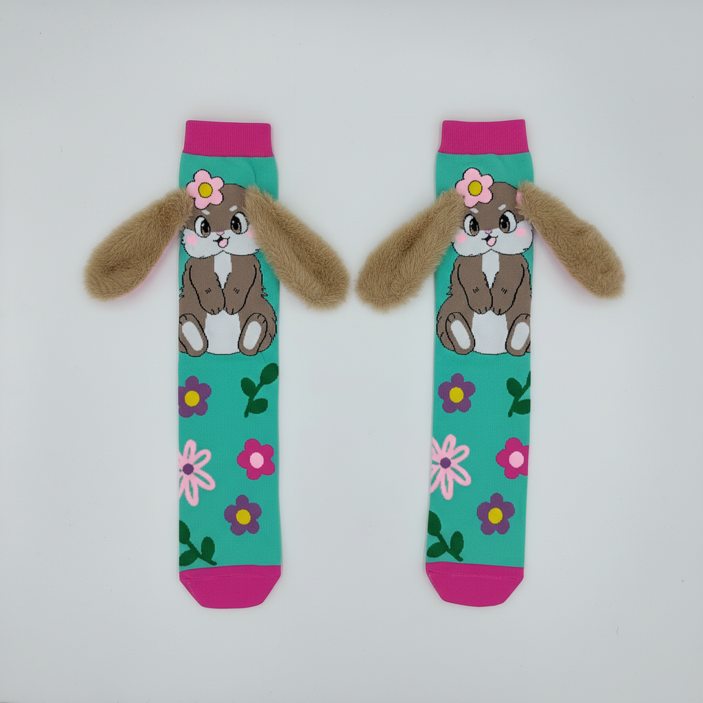Bunny socks flat lay with correct flower design on white background