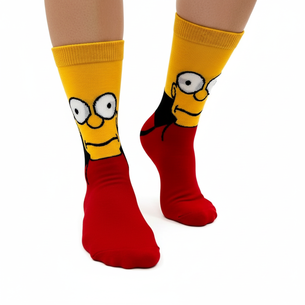 Close-up of feet wearing Bart Simpson socks