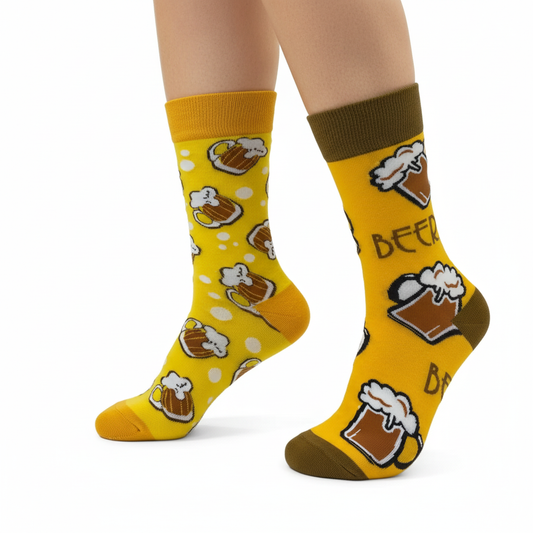 Close-up of feet wearing beer pattern socks
